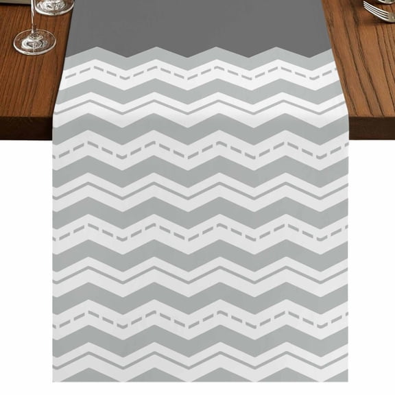 Grey Chevron 48 Inch Table Runner, Geometric Ocean Abstract Wavy Striped White Farmhouse Dresser Scarf Cotton & Linen Tablerunner for Dining/Kitchen Island/Holiday Party Décor 13" x 48"
