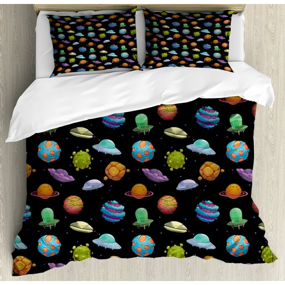Space Duvet Cover Set Queen Size, UFOs and Fantastic Planets Gas Giant Alien Environments Science Fiction Elements, Decorative 3 Piece Bedding Set with 2 Pillow Shams, Multicolor, by Ambesonne