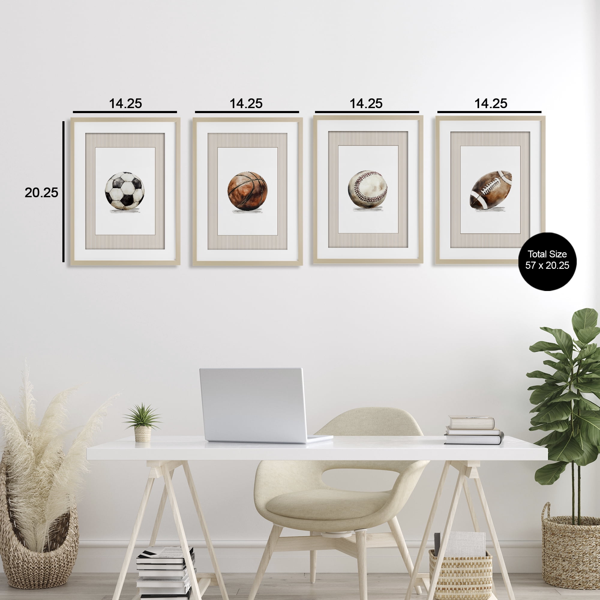Stupell Industries Vintage Sports Beige Stripes 4 Piece Birch Framed Print Under Glass Set, design by Christine Simpson Art