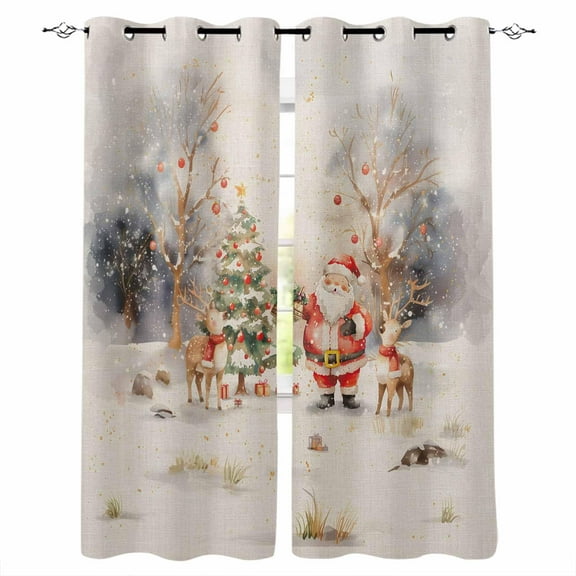 Hokiten Christmas Blackout Curtains | Light Blocking Print Window Curtains, Xmas Tree Santa Elk Rustic Watercolor Thermal Insulated Window Drapes for Living Room Kitchen Cafe (2 Panels, 104"W x 84"L)