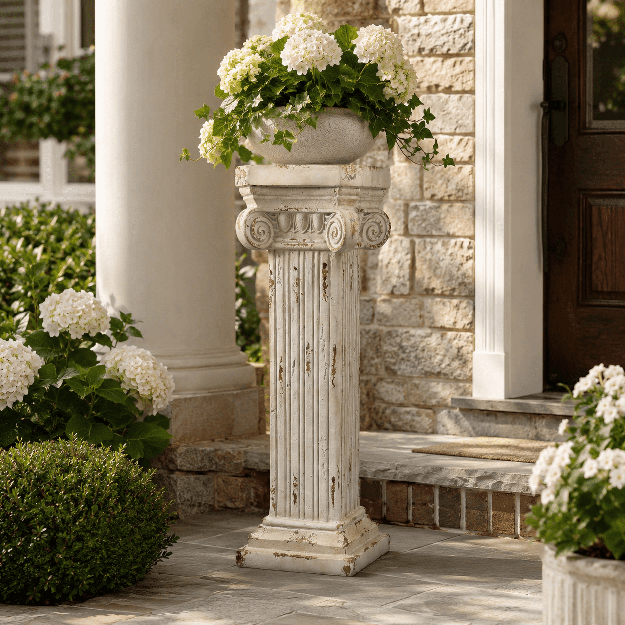 Aukfa 38.18" MGO Roman Column Planter Urn, Antique Garden Pedestal,Antique White