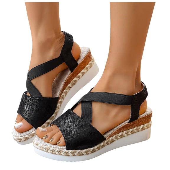 Rokment Women's Platform Wedge Sandals Beach Stylish Casual Leather Elastic Ankle Strap Espadrilles Chunky Heeled Slingback Dressy Summer Shoes Comfortable Black Size 6.5