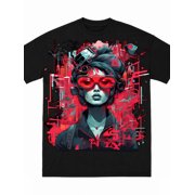 Greenink Full Large Print Cyberpunk Female Portrait Red Splash Graffiti Streetwear T-Shirt