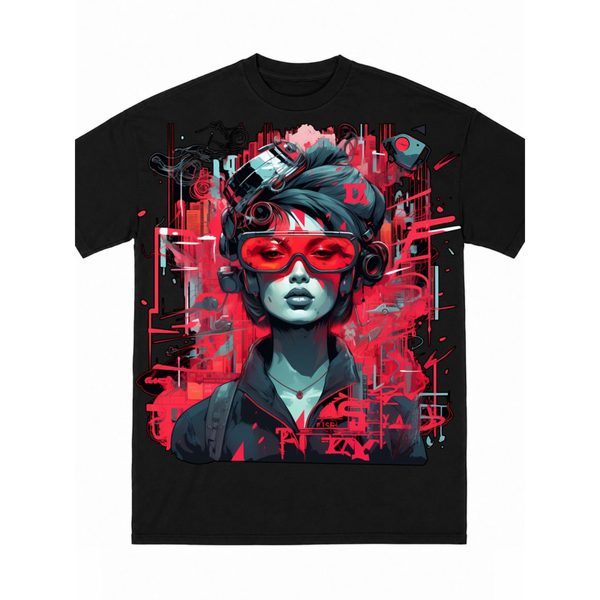 Greenink Full Large Print Cyberpunk Female Portrait Red Splash Graffiti Streetwear T-Shirt