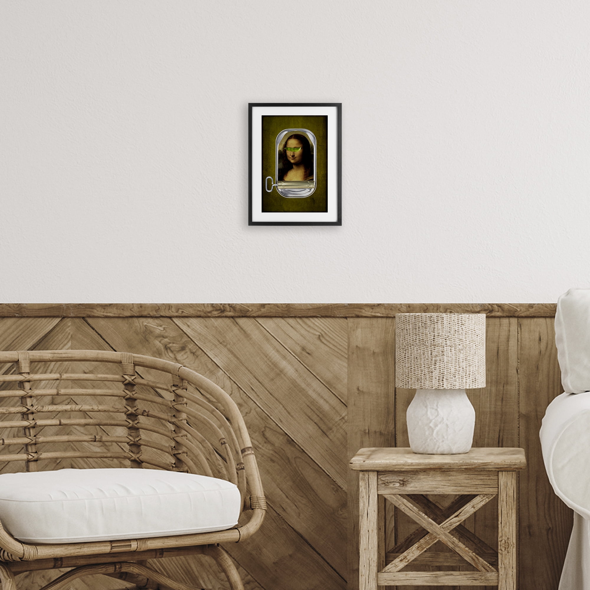 Canned Mona Lisa Black Framed Print Under Glass, design by Elo Marc