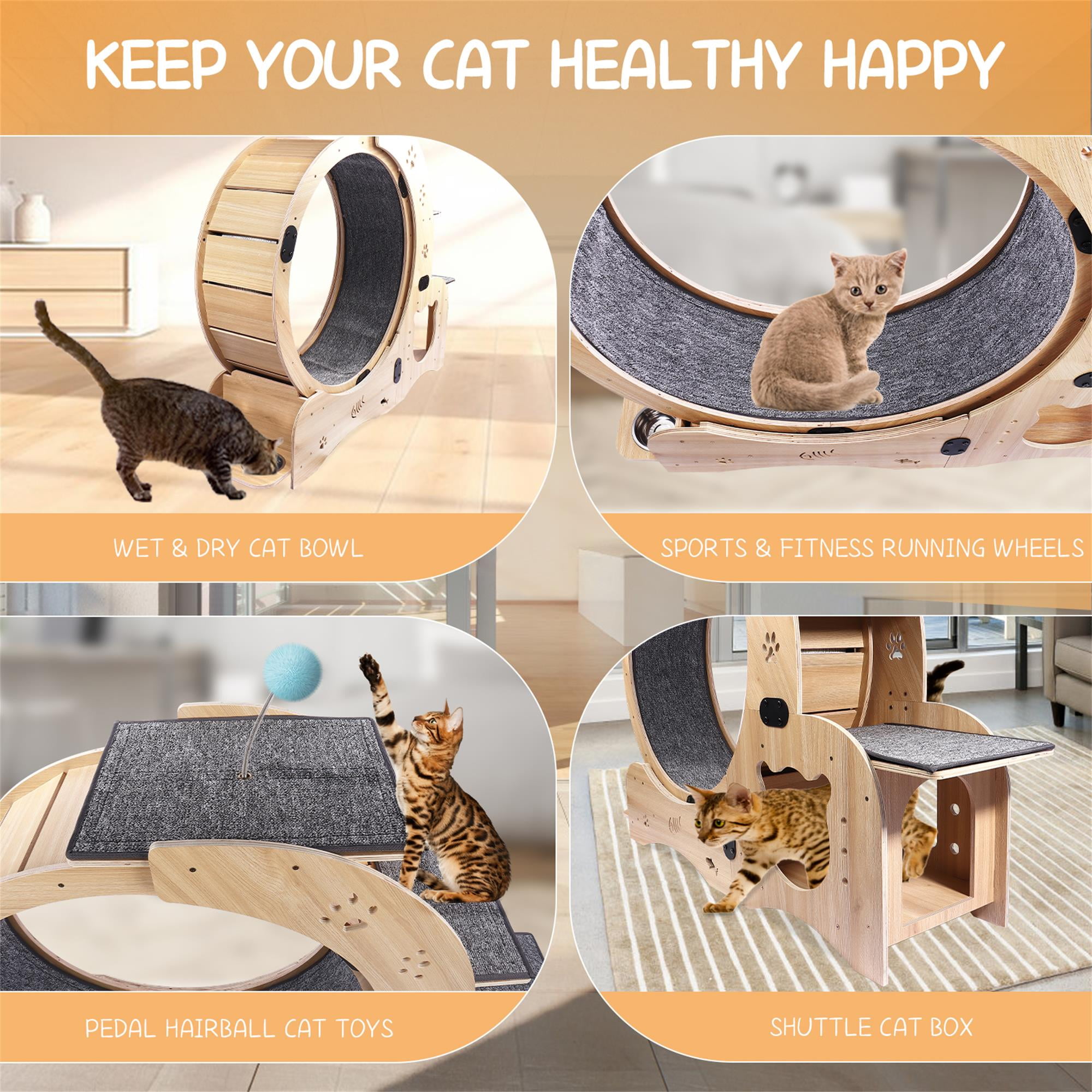 Kadyn 42" Cat Exercise Wheel for Indoor Cats, 4-in-1 Large Cat Running Wheels, Cat Treadmill Wheel with Silent Wheel, Ultra-Quiet Running for Cat's Healthy, Beige