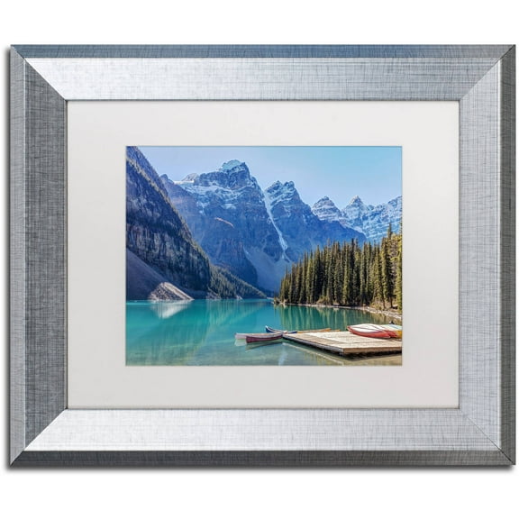 Trademark Fine Art 'Moraine Lake Canoes' Canvas Art by Pierre Leclerc, White Matte, Silver Frame