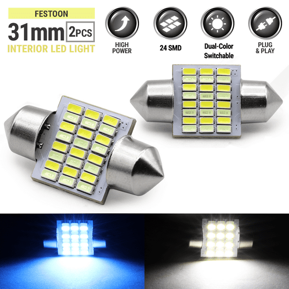 2X 31mm Dual-Color Blue & Cool White DE3157 for Map Dome Interior LED Lights