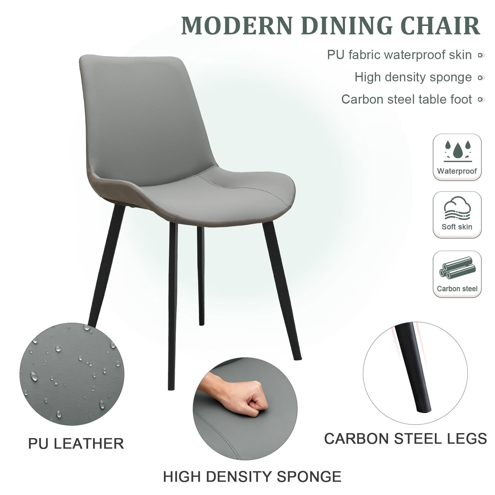 Light Grey & Dark Grey PU Leather Dining Chairs Set of 4, Modern Upholstered Kitchen Chairs with Metal Legs, Armless Side Chairs for Dining Room, Restaurant, Living Room & Meeting Room