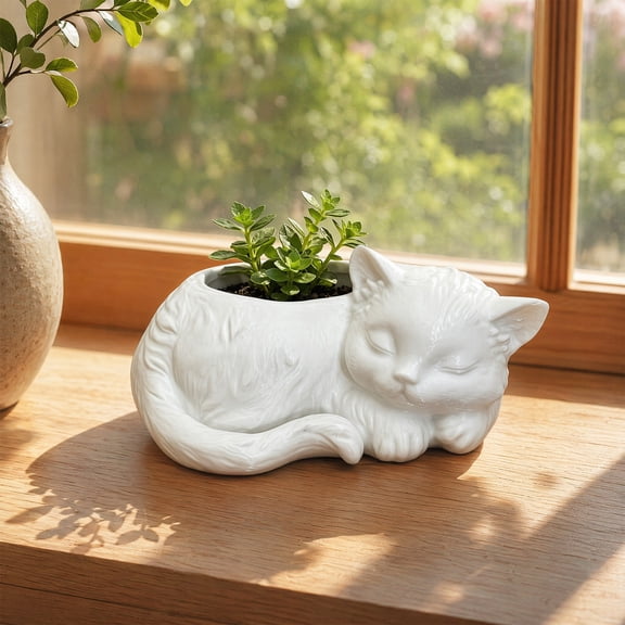 KGJQ 3D Printed Sleeping Cat Flowerpot, Mini Desktop Planter, Decorative Plant Holder for Succulents Small Green Plants