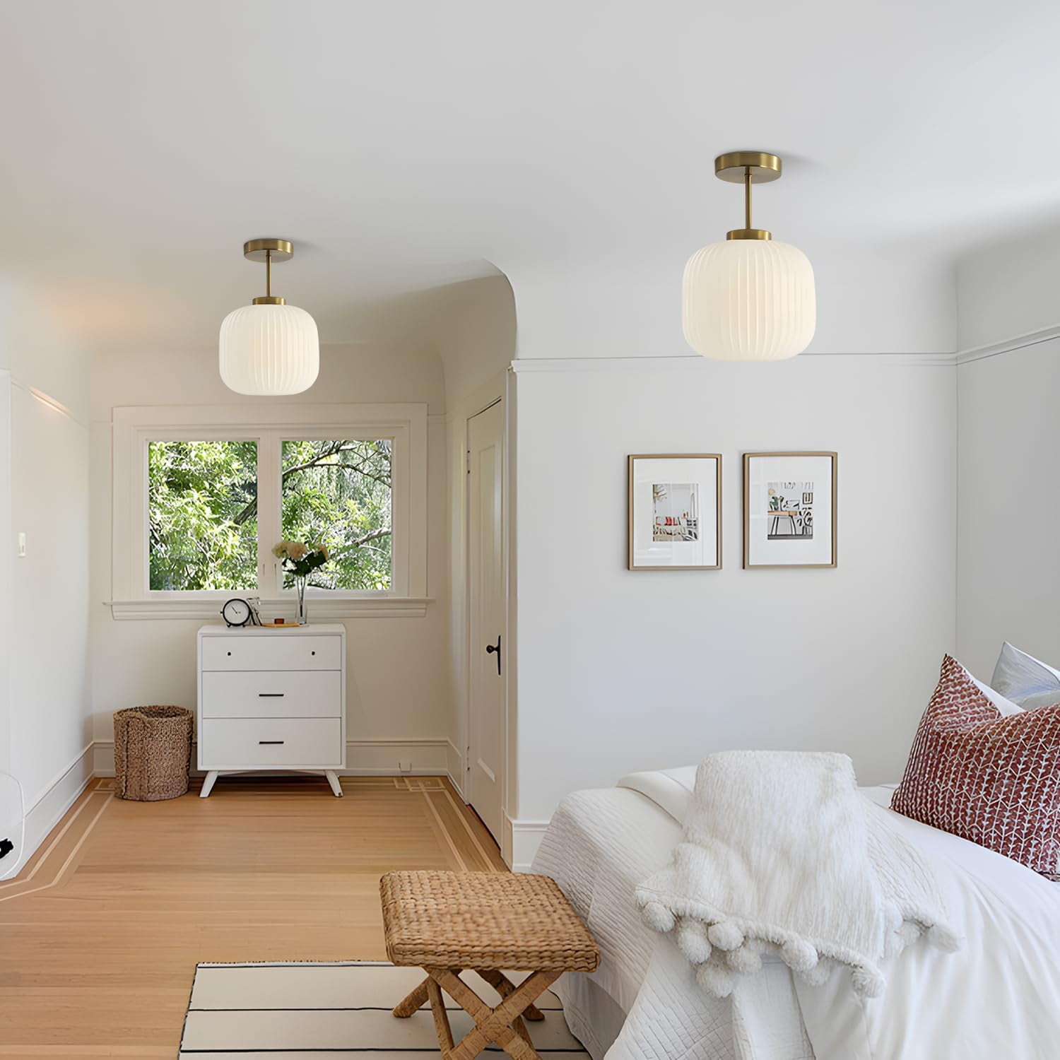 KCO Lighting Ribbed Milk Glass Flush Mount Light Gold and White Ceiling Lamp Brass Kitchen Lighting