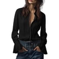 thumbnail image 2 of Endives Womens Long Sleeve Shirt Retro Staly Zip Front Blouse Cuffs Blouse Tops Spring Trendy Black, 2 of 7