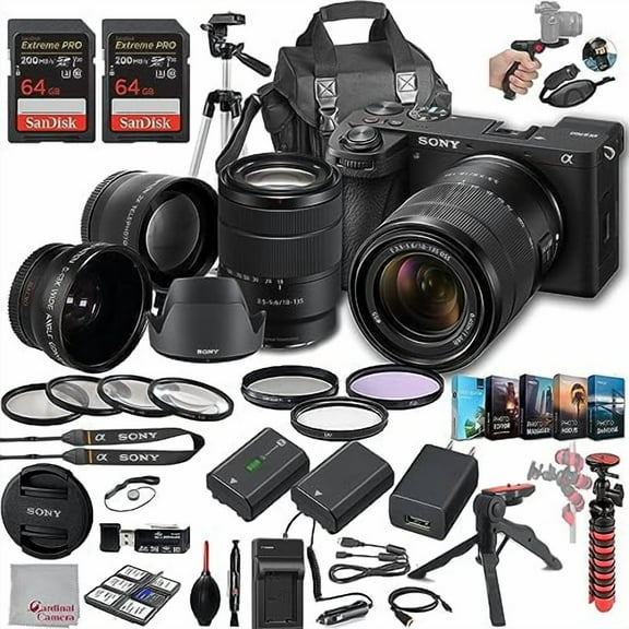 Sony a6700 Mirrorless Camera with 18-135mm Lens, 128GB Extreem Speed Memory,.43 Wide Angle & 2X Lenses, Case,Tripod, Filters, Hood, Grip,Spare Battery & Charger,Editing Software Kit -Deluxe Bundle