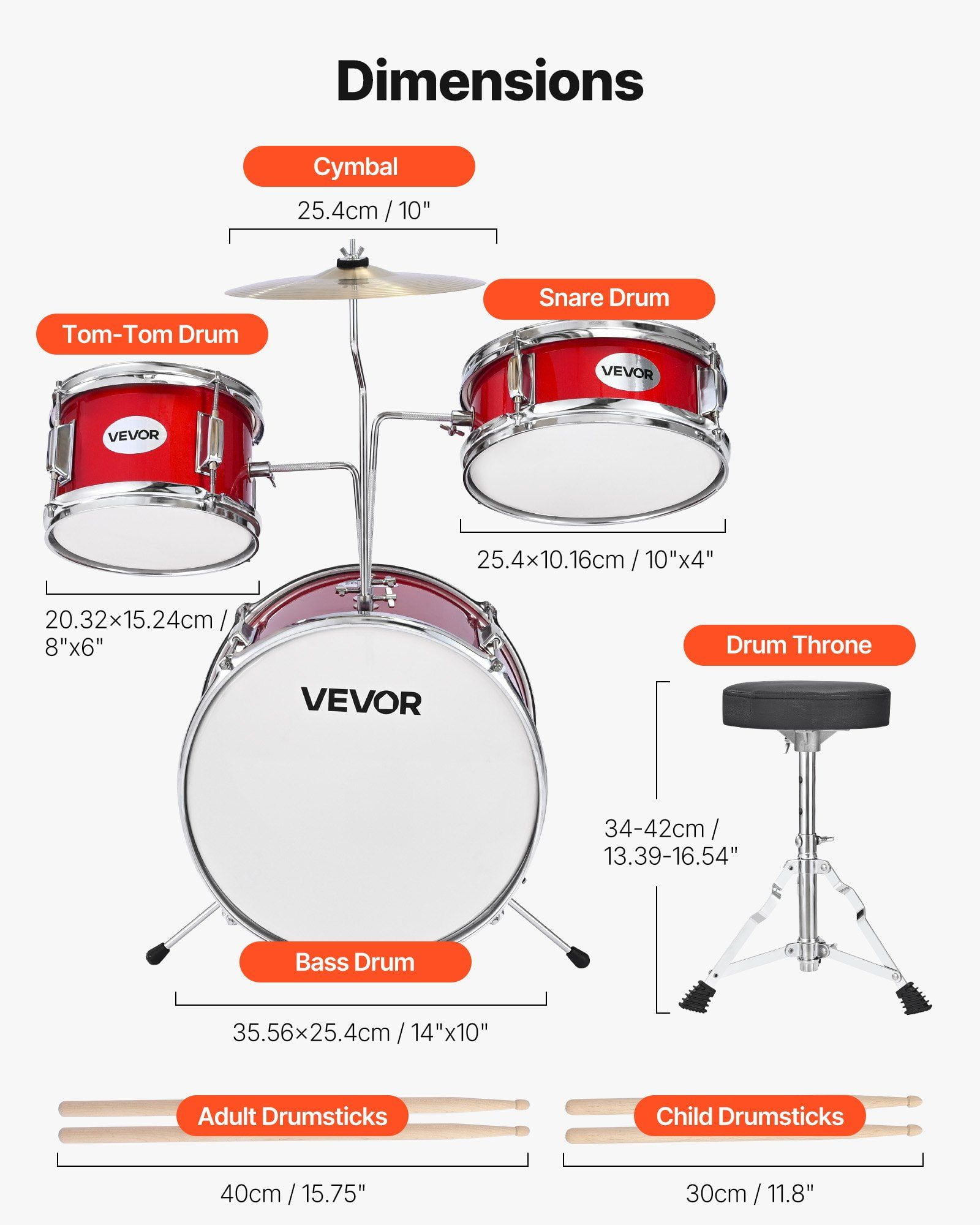 Kids Drum Set 3-Piece Junior Musical Drum Kit with 14 in Bass Drum (Red)