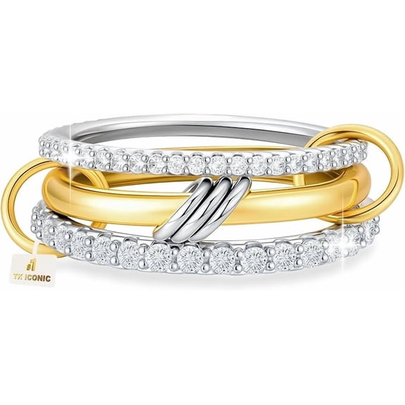 Carlikeit 18K Gold Plated Stackable Rings for Women, Silver and Gold Mixed Metal CZ Ring Set, Dainty Non-Tarnish Linked Bands for Engagement, Wedding, Birthday, Gifts