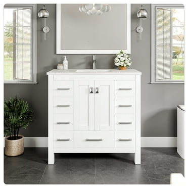 Eviva Hampton 36"W x 18"D White Bathroom Vanity with White Quartz Vanity Top and Rectangular Undermount Sinks