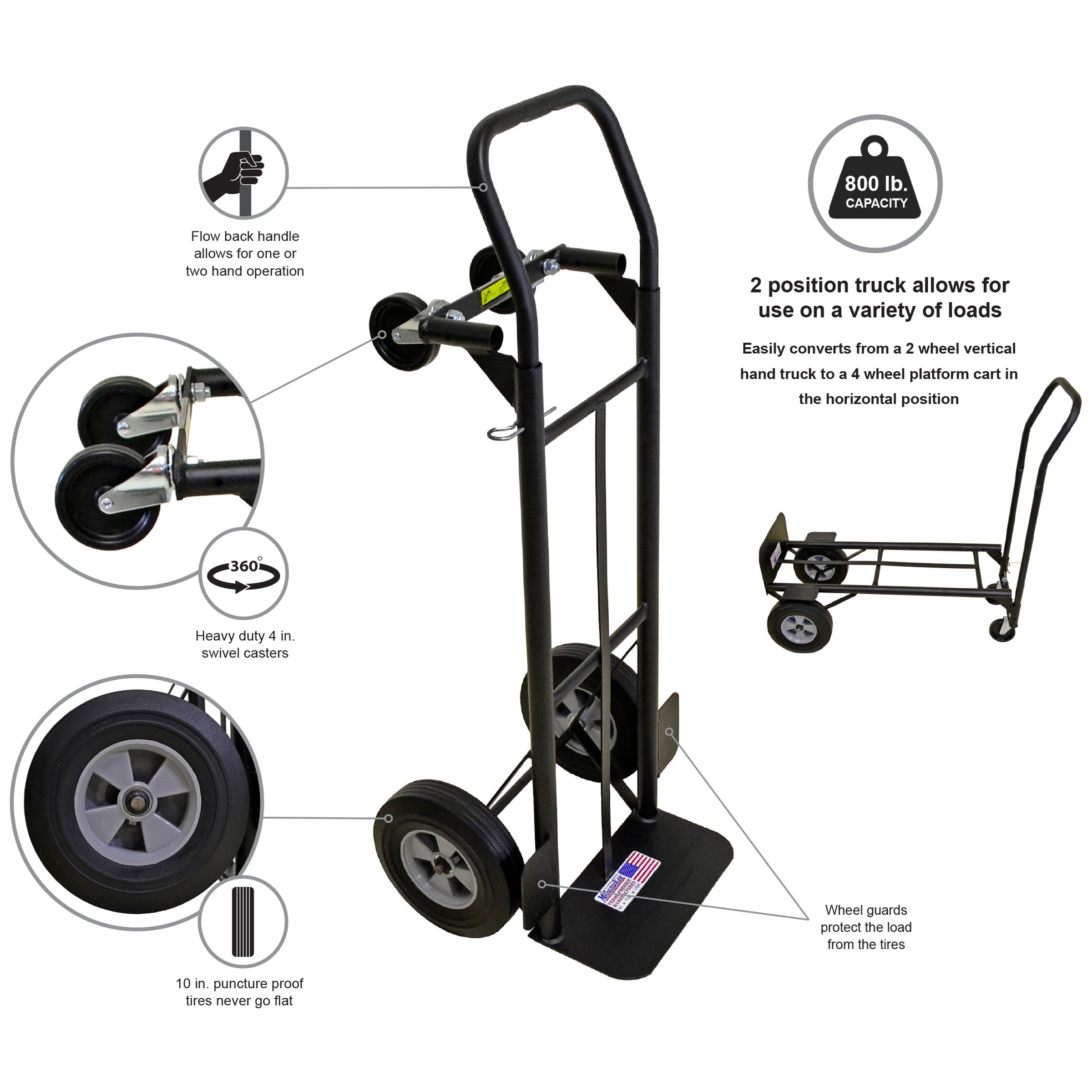 Milwaukee Flow Back Convertible Hand Truck 800 lb. Capacity with 10" Puncture Proof Tires (1 Unit)