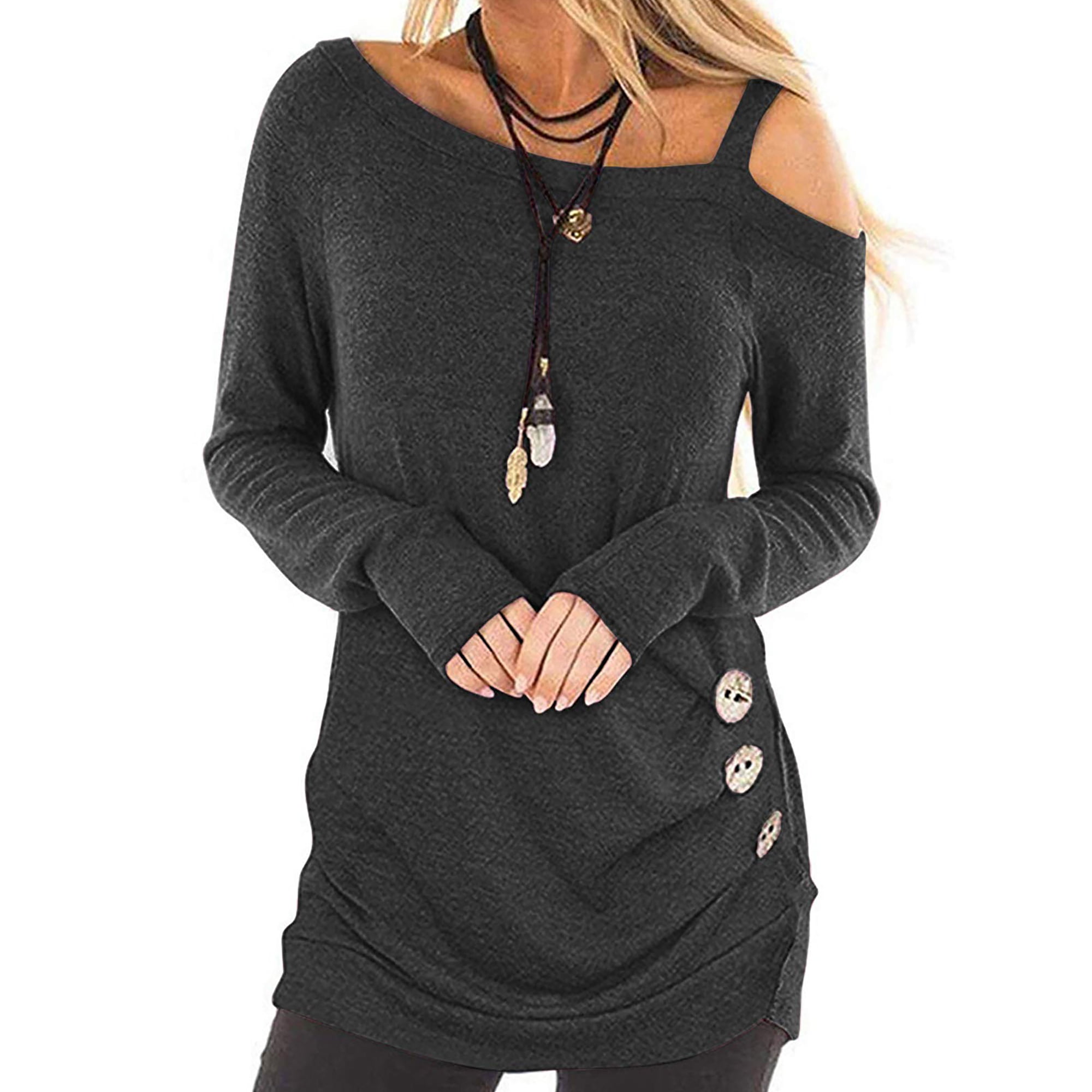 TEMOFON Cold Shoulder Tops for Women Long Sleeve Twist Knot Tunic Top ...