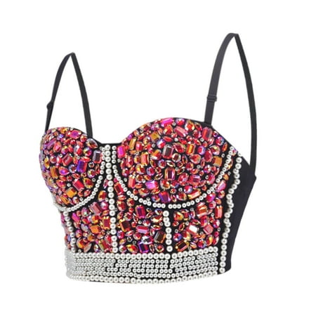 

Aayomet Bras For Women 2022 New Nightclub Rhinestone Wrapped Bra Show Cloth Rhinestone Bra Sequins DS Show Bra Pink X-Large
