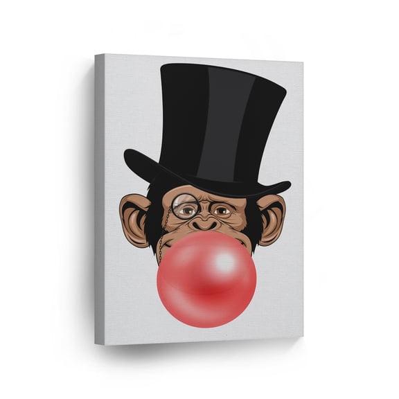Smile Art Design Funny Senior Monkey Gorilla with Top Hat Animal Bubble Gum Art Red Chewing Gum CANVAS PRINT Wall Art Home Decor Pop Art Kids and Living Room Made in USA 40x30