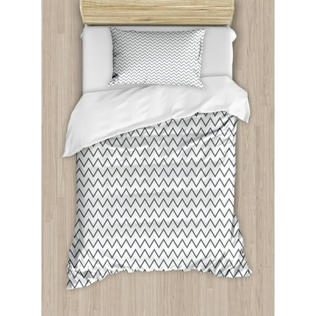 Chevron Stripe Duvet Modern Duvet Cover Set, Zig Zag Chevron Lines Angled Stripes Wave Sealife Theme Like Repeating Pattern Image, Decorative Bedding Set with Pillow Shams, Grey White, by Ambesonne ()