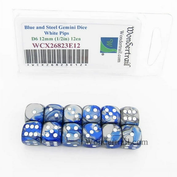 Blue and Steel Gemini Dice with White Pips D6 12mm (1/2in) Pack of 12 Wondertrail