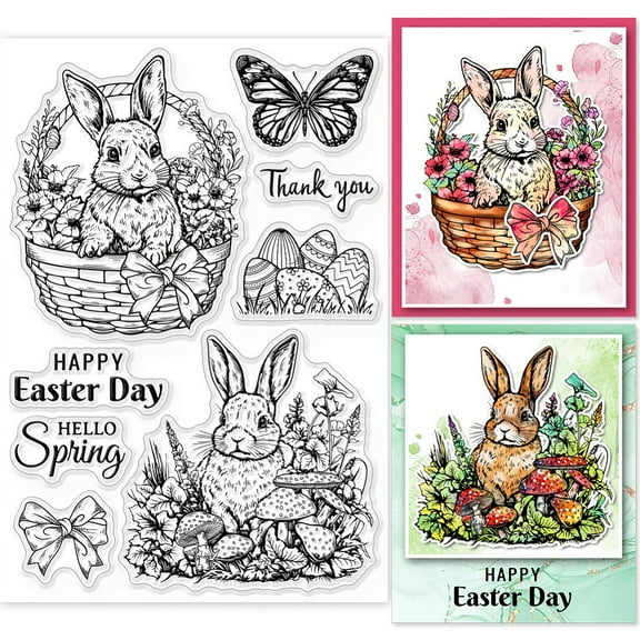 1sheet Easter Bunny Basket Clear Stamps for Scrapbooking Easter Rabbit Eggs Silicone Clear Stamp Seals Transparent Stamps for Cards Making Journal Decor