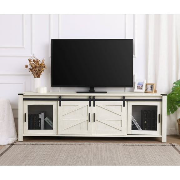 Farmhouse Modern Wood Entertainment Center for 75 Inch TV, Media TV Console with Sliding Barn Door and Storage Shelf for Living Room Bedroom，Wihte