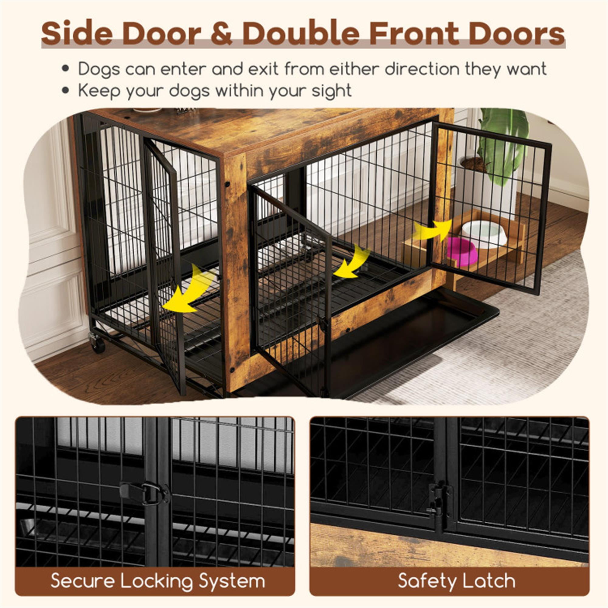 Pefilos 35" Industrial Dog Crate for Indoor Side End Table Dog Cage with Double Doors and Lift Top Heavy-Duty Pet Cages for Dogs Modern Kennel, Brown