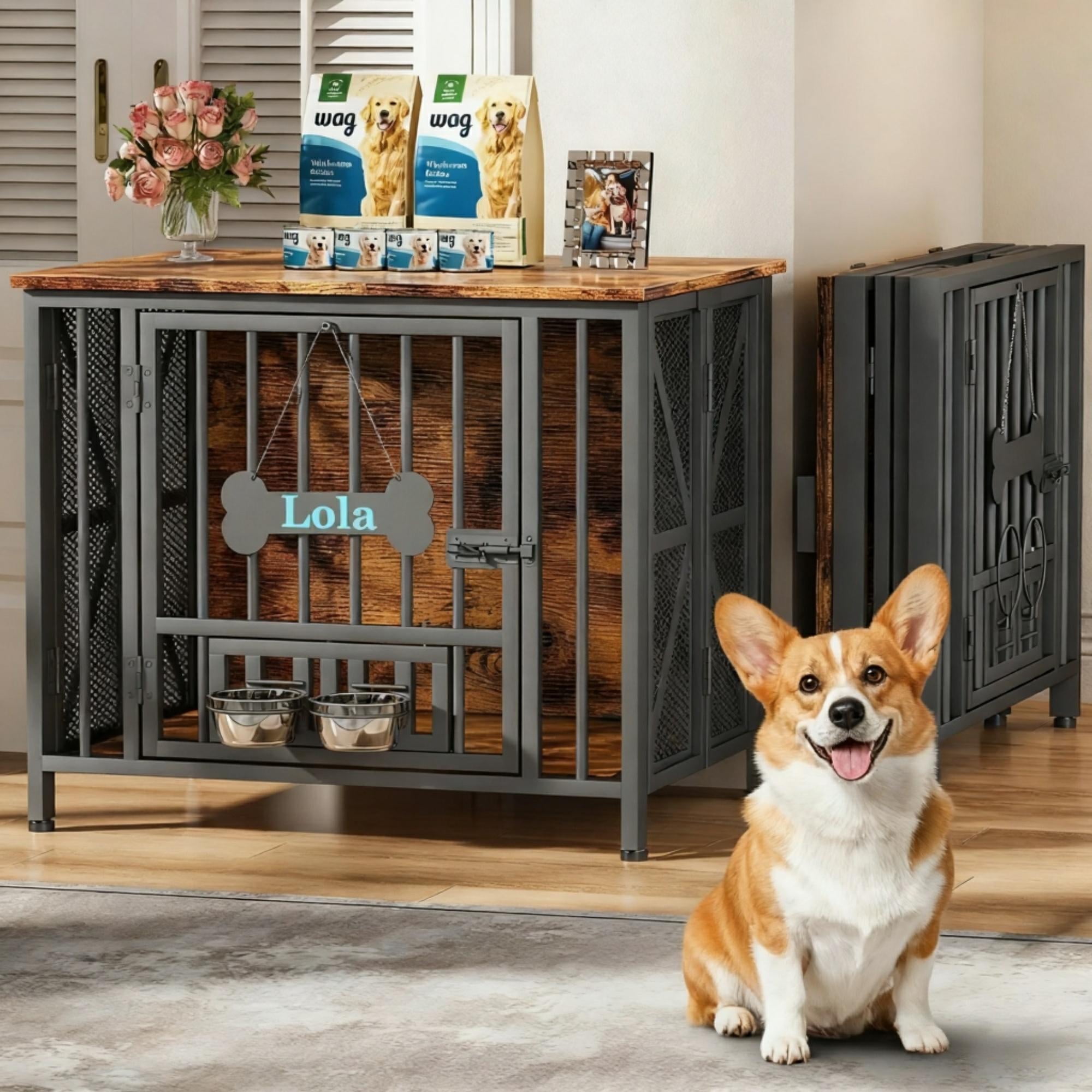 POAO 31.5" Assembly-Free Dog Crate Furniture for Small Dog, Foldable Dog Kennel Indoor with Tag & Adjustable Bowls, Dog Cage Use as End Table, Brown