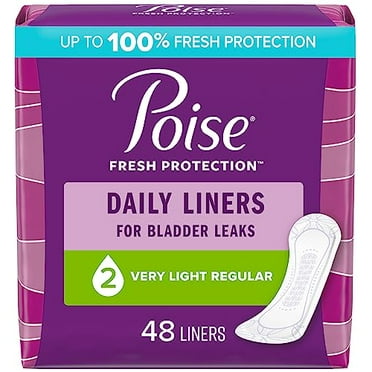 Poise Daily Incontinence Panty Liners, 2 Drop Very Light Absorbency, Regular, 48 Count of Pantiliners, Packaging May Vary