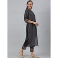 thumbnail image 3 of Jansaya Indian Mandarin Collar 3/4 Sleeve Solid Black Poly Silk Straight Kurta with Pant For Women, 3 of 7
