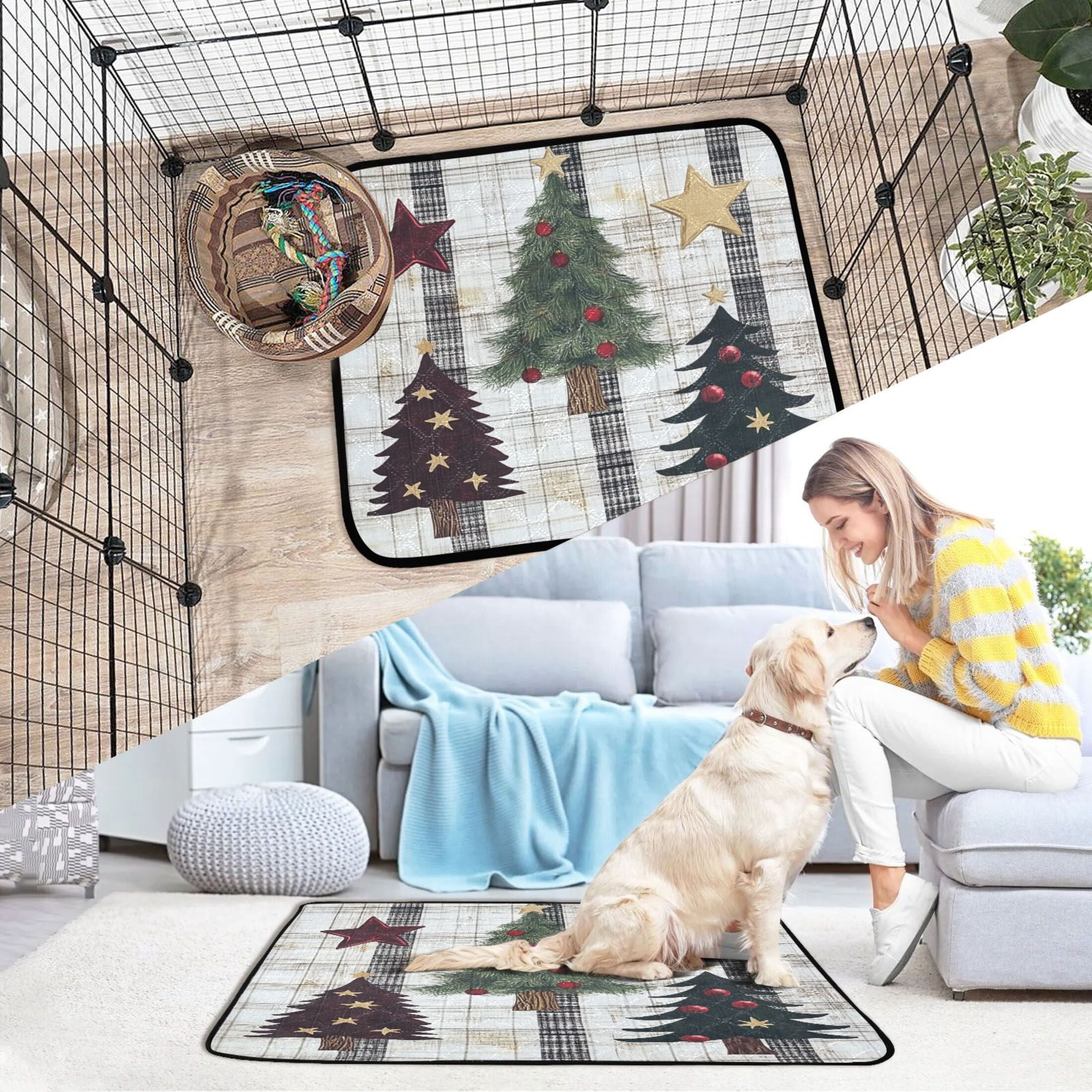 Qxltty Christmas Trees on Black Lines Pattern Cat litter Pads Pet Set of 3 Diaper Mats Center Anti-leakage Layer Absorbent Soft and Comfortable