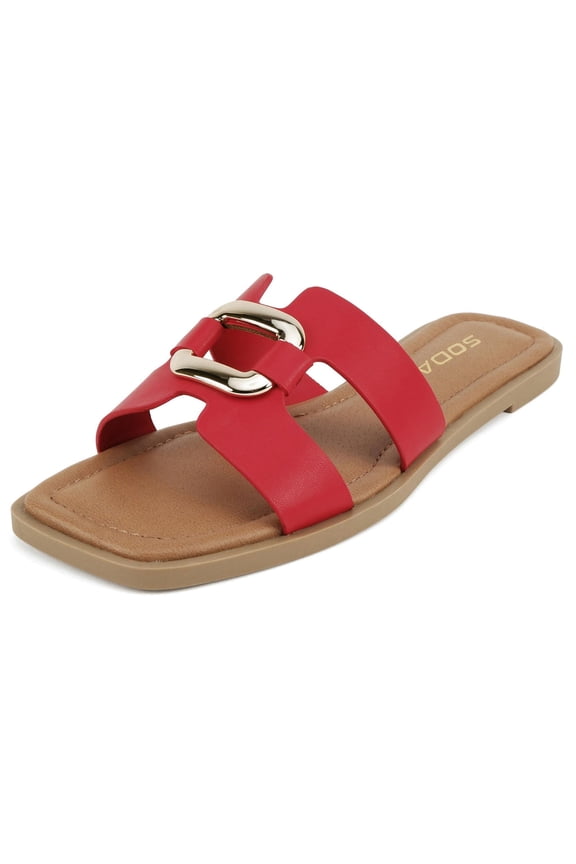 Shoes Women Slip-On Sandals H-Band Flat Flip-Flops Slides Gold Buckle Square Toe FENG-S Hot Red 6