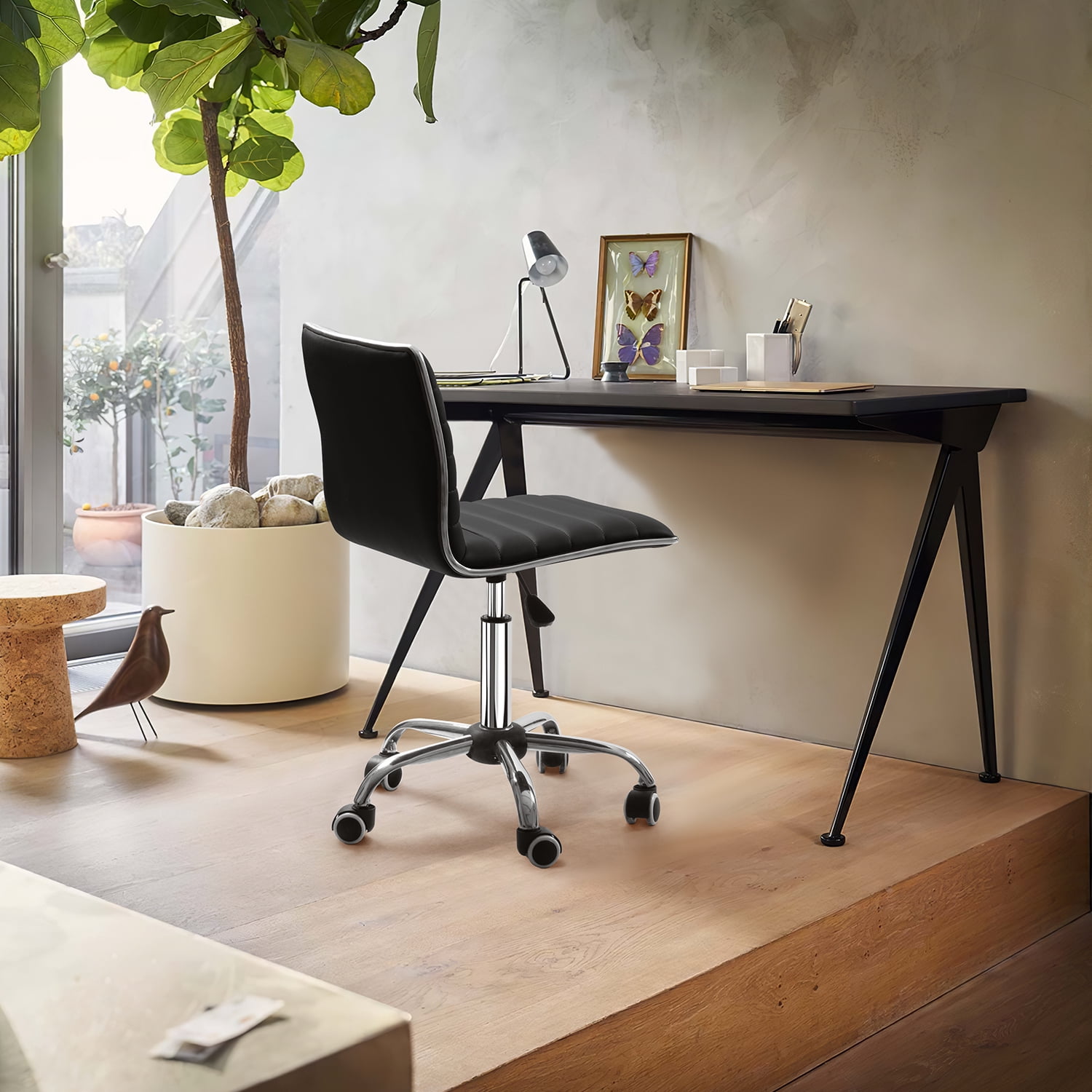 Furmax Mid Back Faux Leather Office Desk Computer Task Chair, with Armless, Black