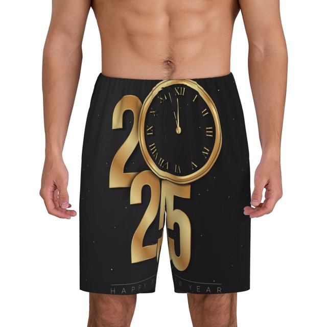 Balery 2025 Happy New Year Pantalones cortos de pijama de punto de algodón para hombre con cinturilla y bolsillos-Large