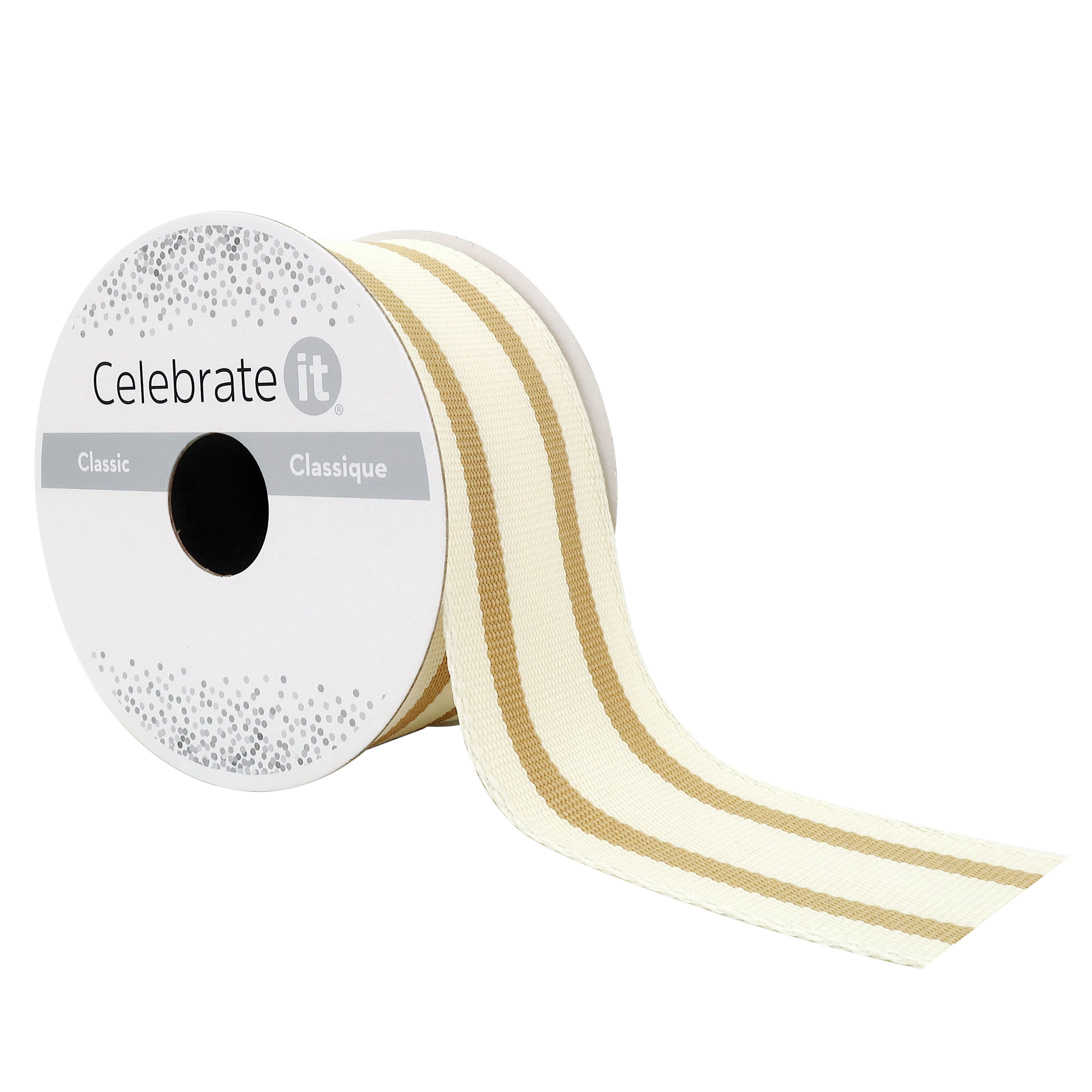 1.5" x 3yd. Natural Wired Ticking Stripe Ribbon by Celebrate It – Woven Selvage Edge - Ideal for Wreaths - Gift Wrapping & Seasonal Decor - 12 Pack