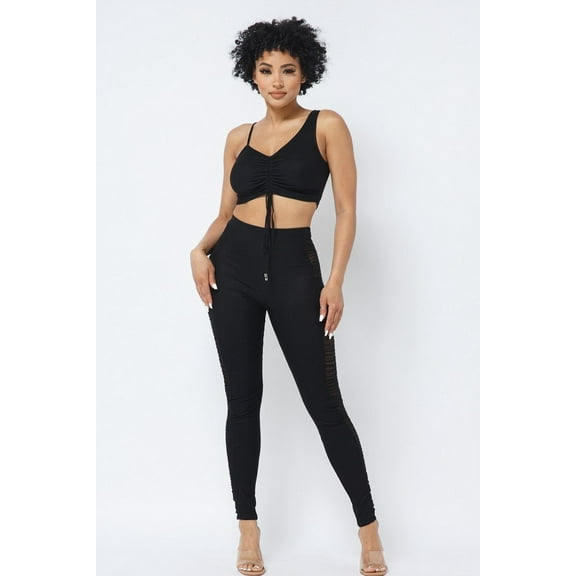 Mesh Strappy Adjustable Ruched Crop Top With Matching See Through Side Panel Leggings M