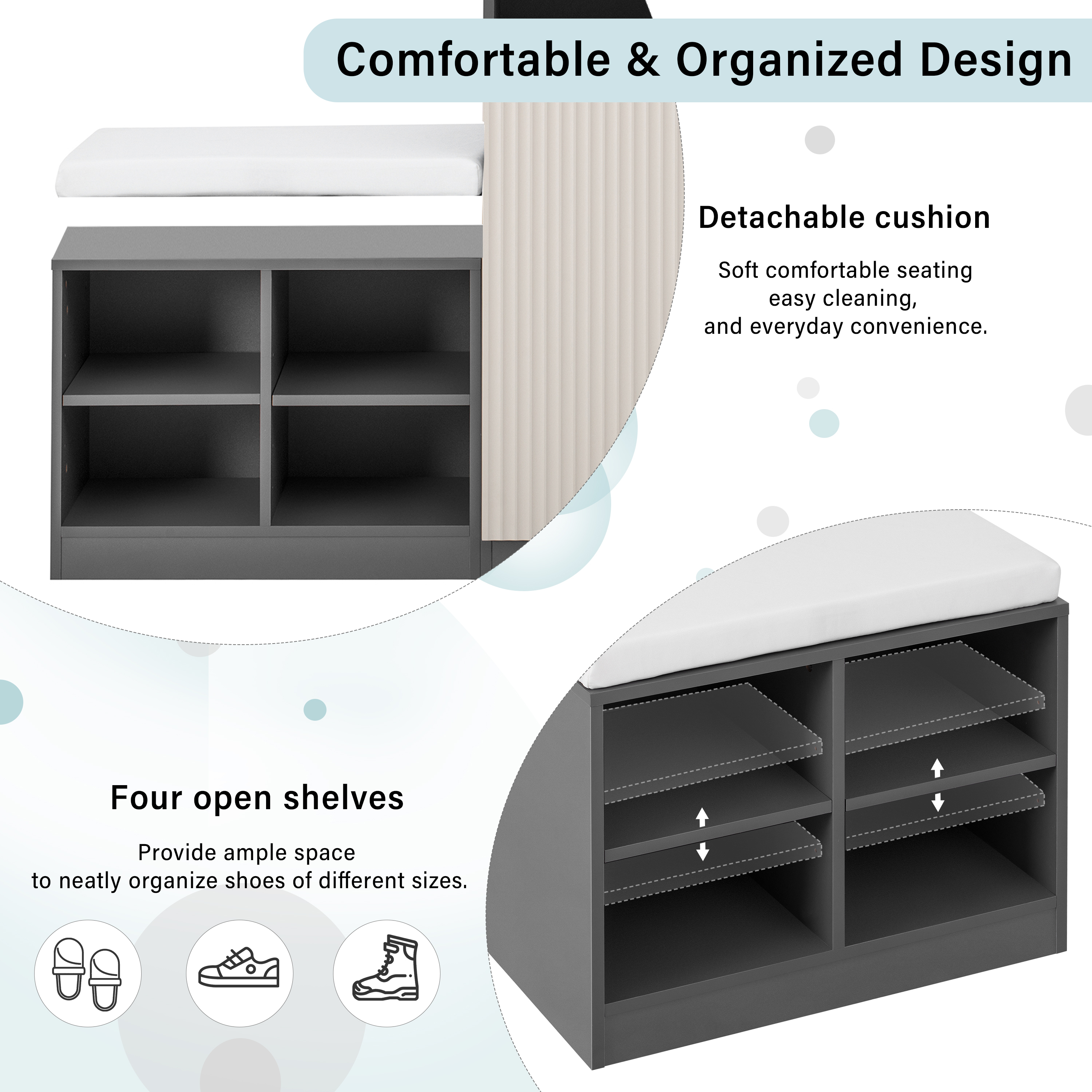 Euroco 55" Large Shoe Storage Cabinets with Shoe Bench,Modern Entryway Bench with 3-Tier Adjustable Shelves,Removeble Cushion and Hooks,Shoe Rack Shoe Organizer for Bedroom, Living Room,Grey