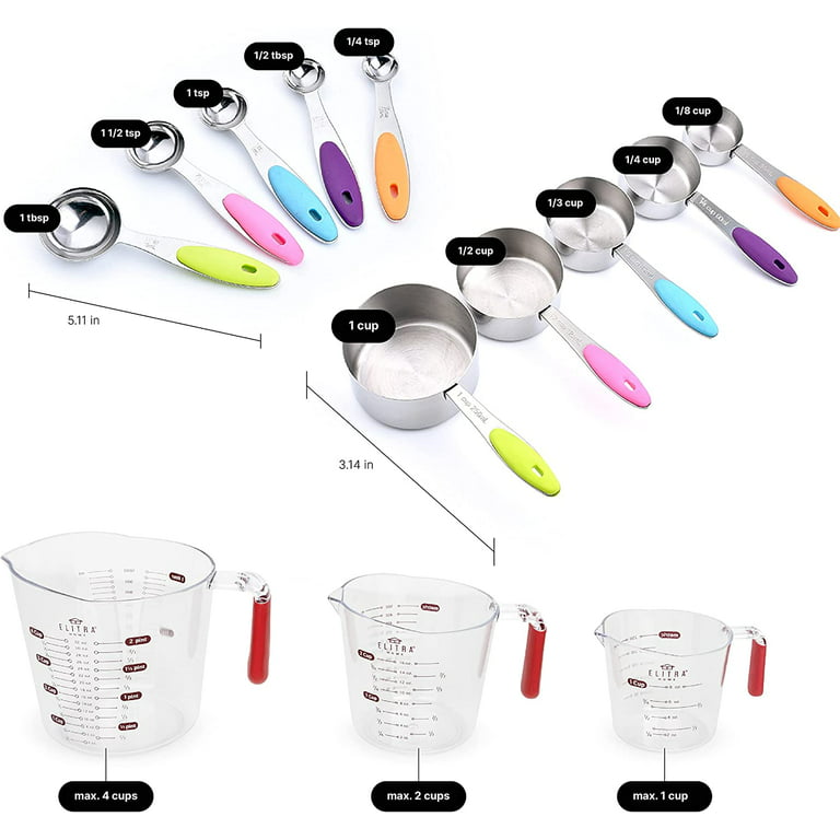 Measuring Cups and Spoons Set 13 Piece. Includes 10 Stainless Steel  Measuring Spoons and 3 Plastic Measuring Cup – By Elitra Home