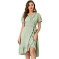 thumbnail image 1 of Unique Bargains Robe Midi à Manches Courtes à Volants Col en V avec Nœud Floral Vert TP, 1 of 6