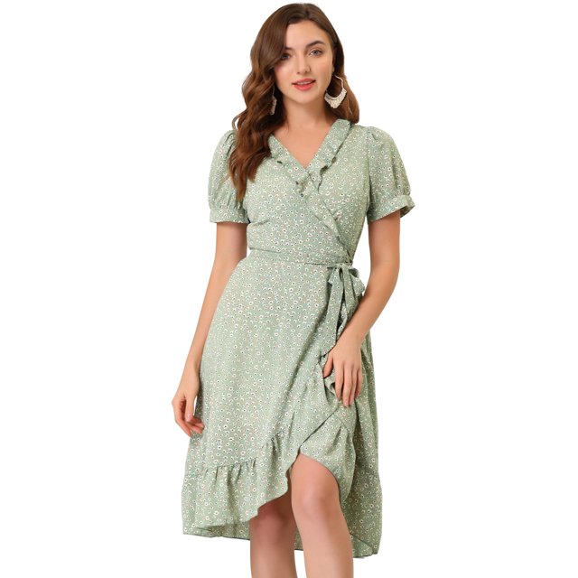 Unique Bargains Robe Midi à Manches Courtes à Volants Col en V avec Nœud Floral Vert TP