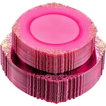 102PCS Hot Pink Plastic Plates - Pink Disposable Plate with Gold Rim - Hot Pink Party Plates Include 51PCS 7.5inch Dessert & 10.25inch Dinner Plate for Mother's Day & Birthday & Party