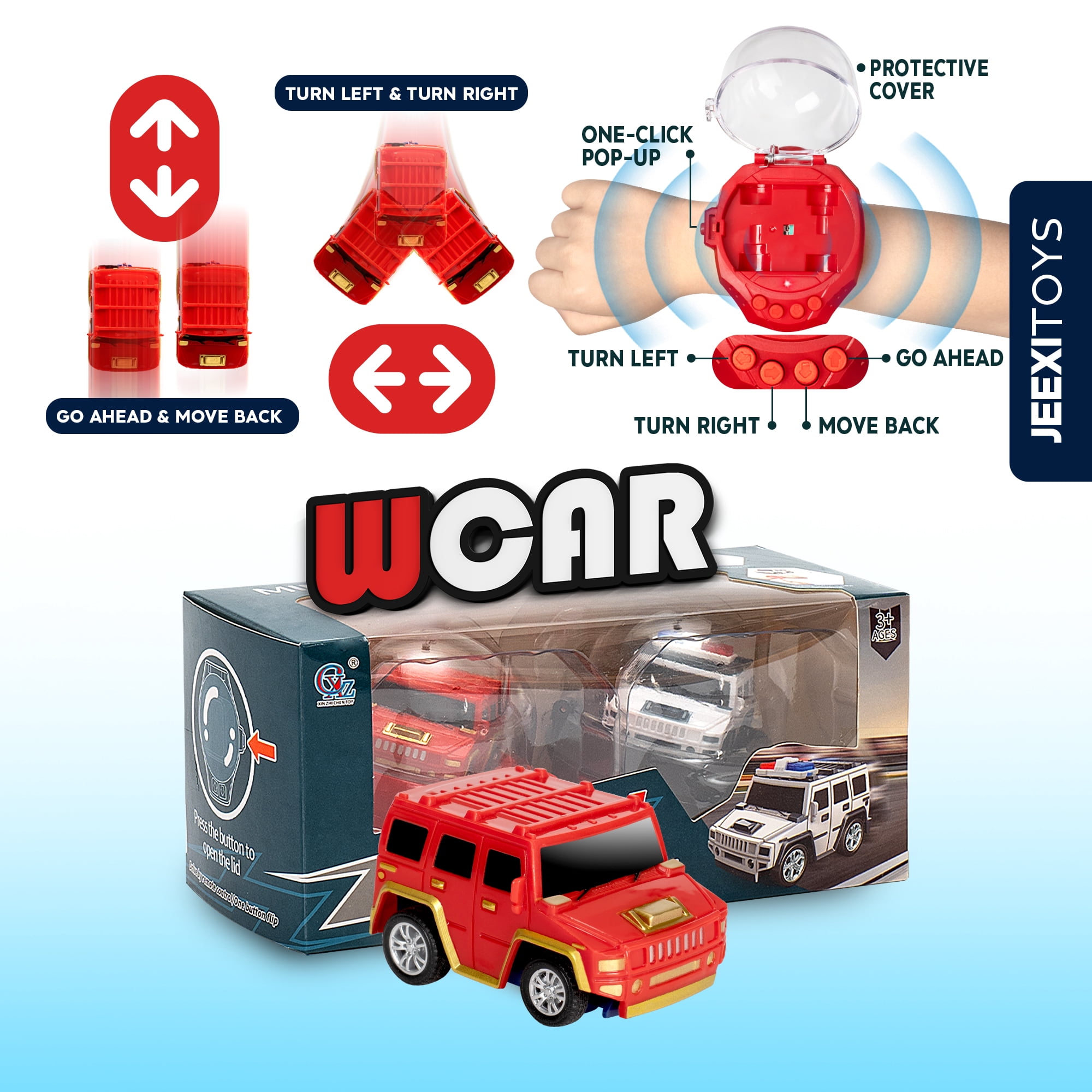 JEEXI Mini RC Car Watch Set for Kids – Wearable Remote Control Cars, LED Lights, Wrist-Mounted Controllers –  Toy Cars for Boys & Girls, Fun Parent-Child Playtime - 2 Pack (Red & White)