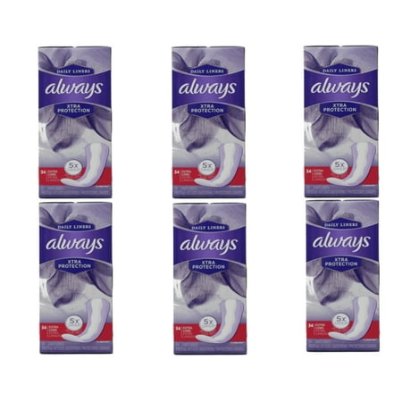 6 Pack - Always Xtra Protection Daily Liners, Extra Long, 34
