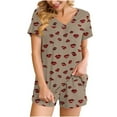 thumbnail image 3 of QATAINLAV Pajama Sets for Women Casual V Neck Short Sleeve T Shirts and Shorts 2 Piece Matching Set Fashion Printed Fall Outfits, Khaki, XL, 3 of 9