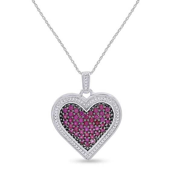 AFFY 1 Ct Simulated Ruby & Natural Diamond Heart Pendant Necklace 14k White Gold Over Sterling Silver