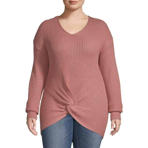Poof Apparel POOF Juniors' Plus Size Knot Front Knitted Sweater