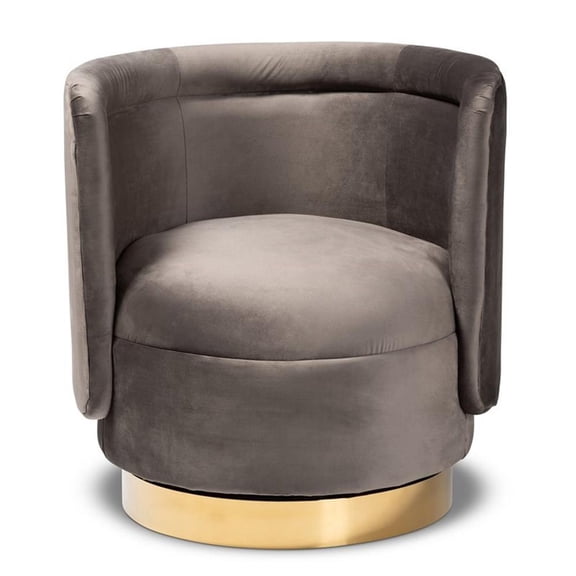 Bowery Hill Gray Velvet Upholstered Gold Finished Swivel Accent Chair