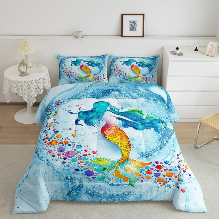 YST Mermaid Tail Bedding Comforter Sets Twin Size, Blue Marble